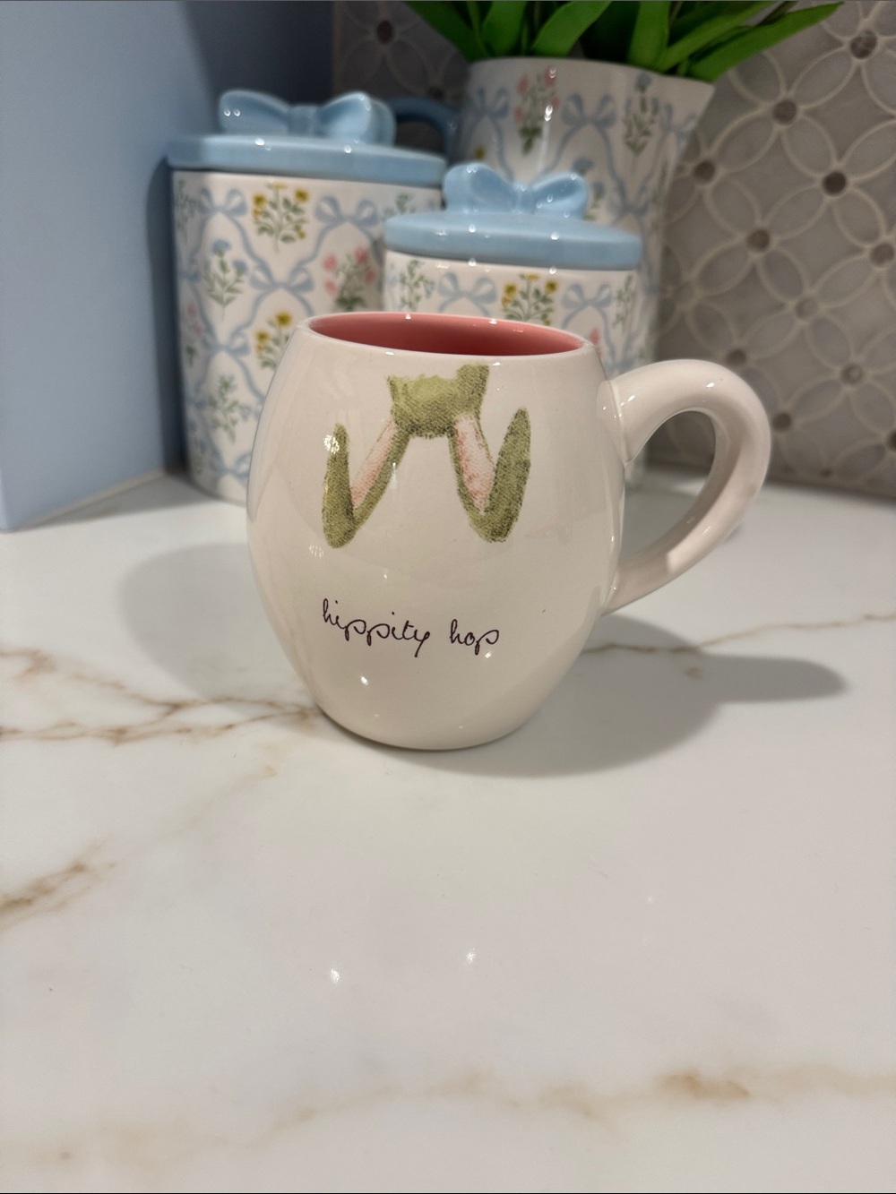 Rae Dunn Cream Ceramic Mug with Bunny Ears and Pink Interior